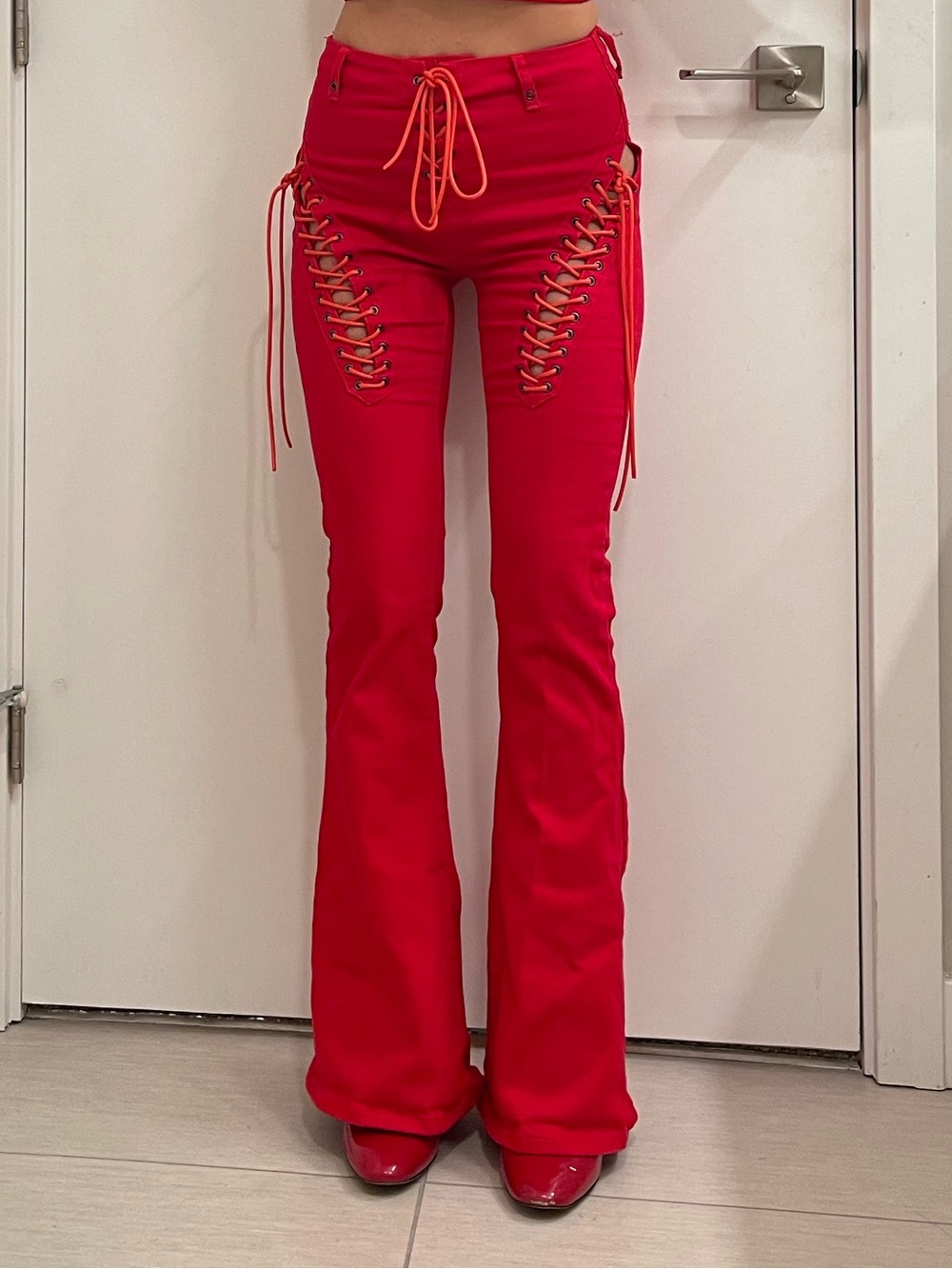 Red Lace-Up Flare Pants